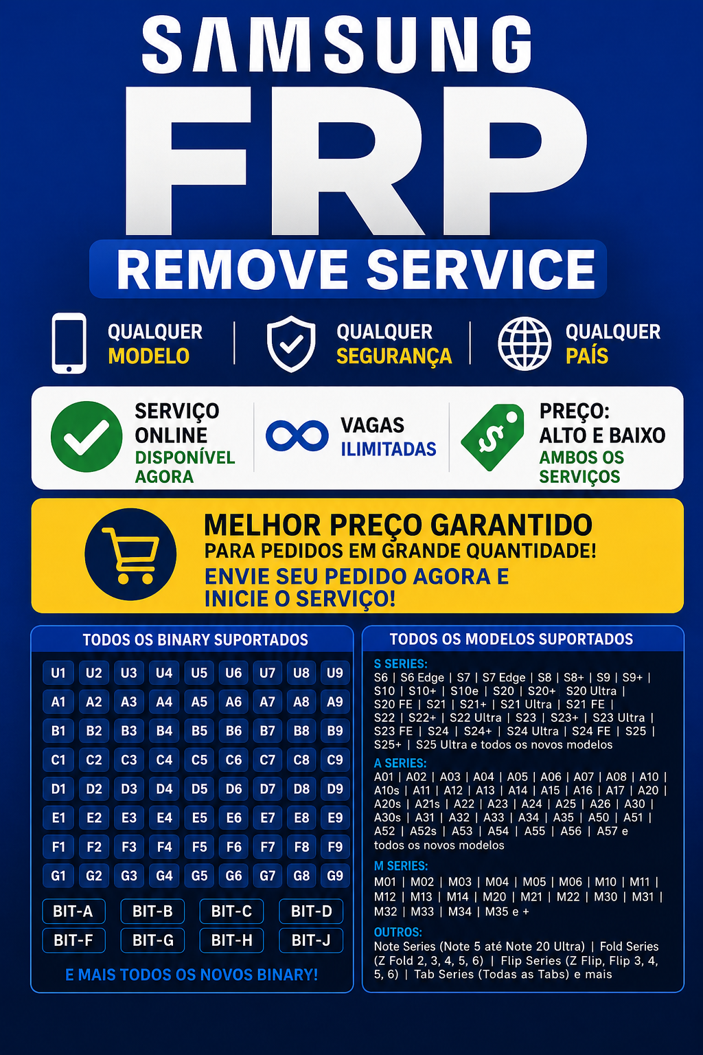 Remoção de FRP GLOBAL — Todos os dispositivos Samsung, todos os países (Mundial), todas as versões do Android, via USB.